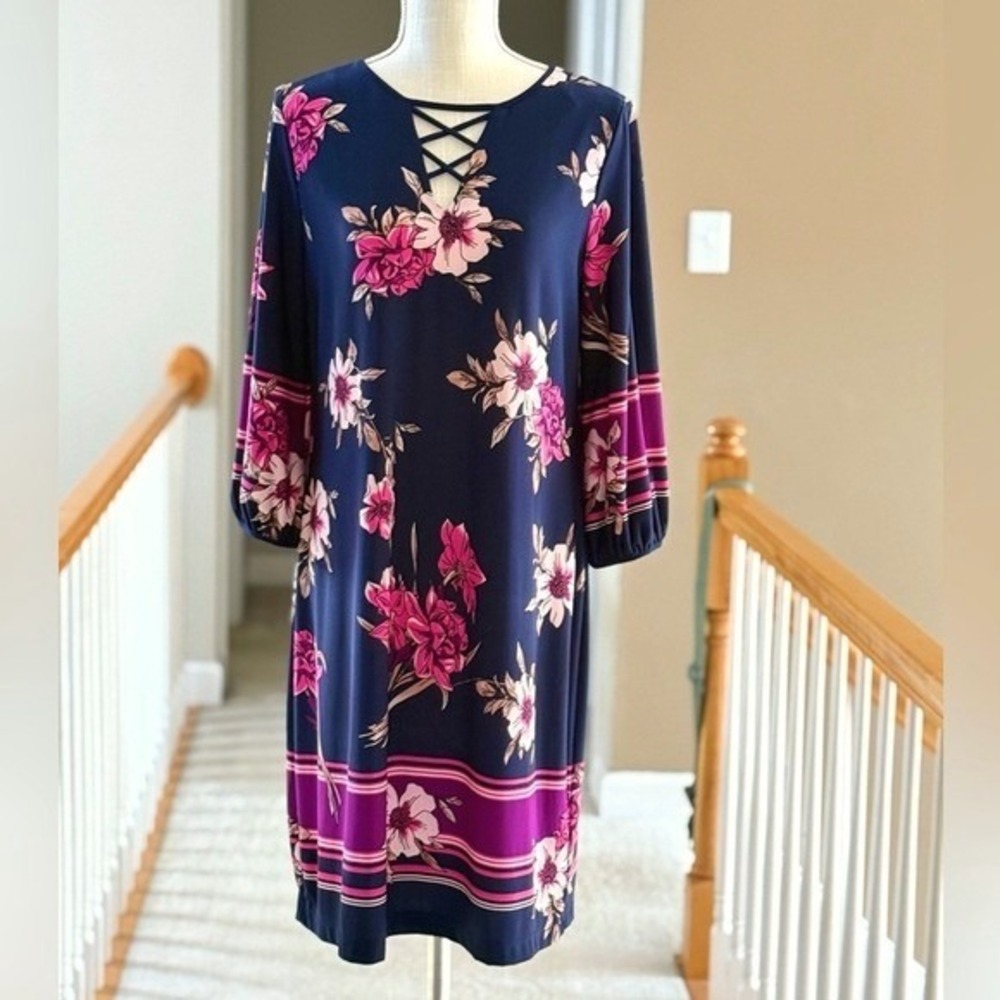 Sandra Darren Navy Pink Floral Lattice Neck Shift Dress Womens 12 3/4 Sleeve